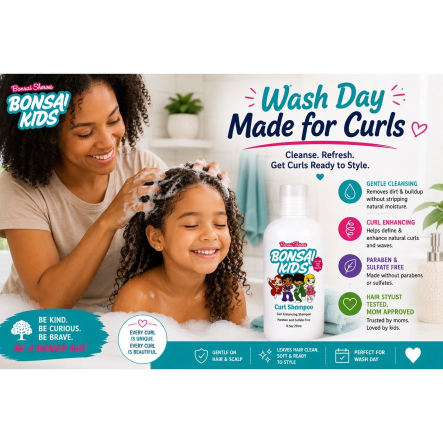 Bonsai Kids Curl Care Wash Day Made for Curls promotional graphic featuring a smiling woman washing a child's curly hair, alongside the product bottle and descriptive text on a bright, clean background.