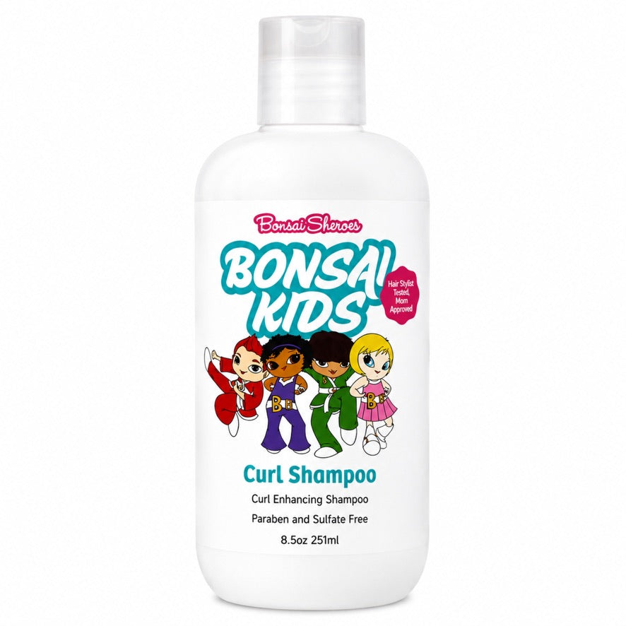 A white plastic bottle of Bonsal Kids Curl Shampoo with a clear cap, featuring colorful cartoon characters and text on the label, set against a plain white background.
