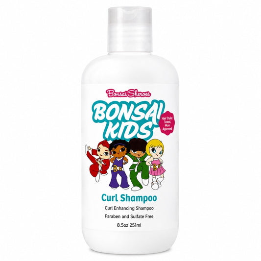 A white plastic bottle of Bonsal Kids Curl Shampoo with a clear cap, featuring colorful cartoon characters and text on the label, set against a plain white background.