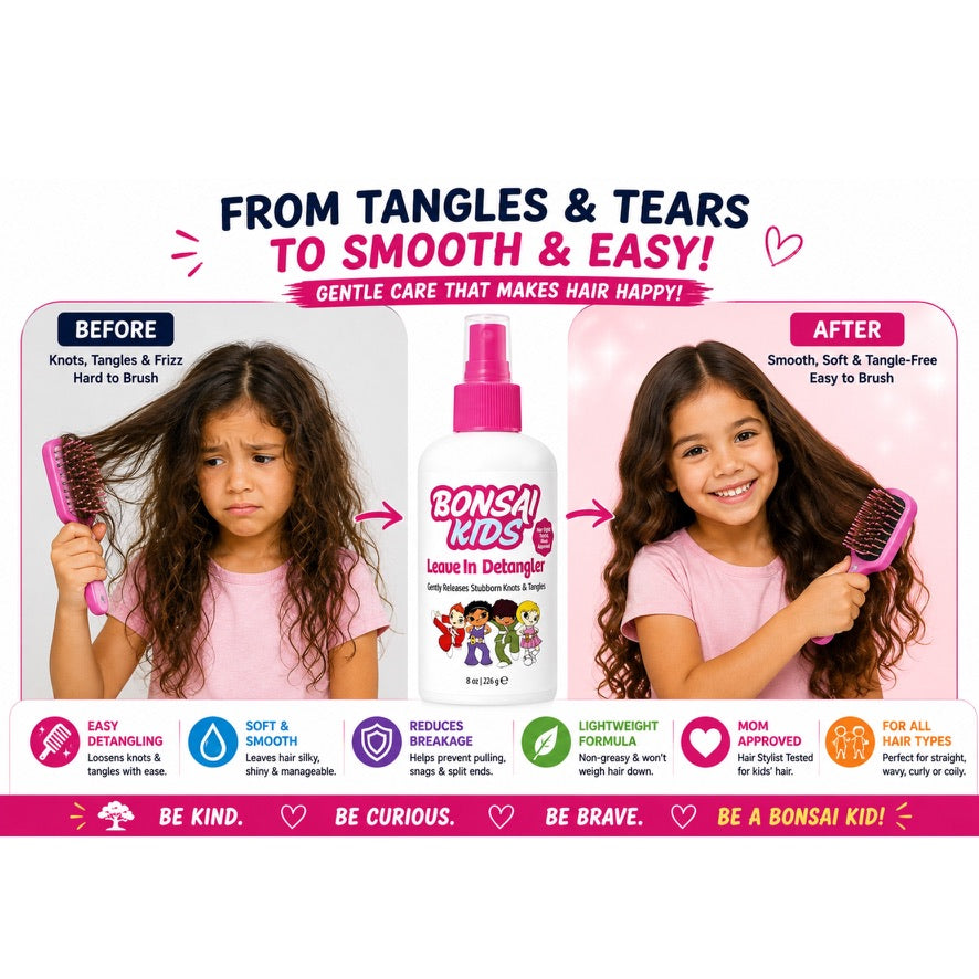 Bonsai Kids Love 'Em Detangle spray bottle shown in the center of an infographic-style before-and-after comparison. The left side shows a girl with frizzy, tangled hair holding a pink brush, labeled 'Before.