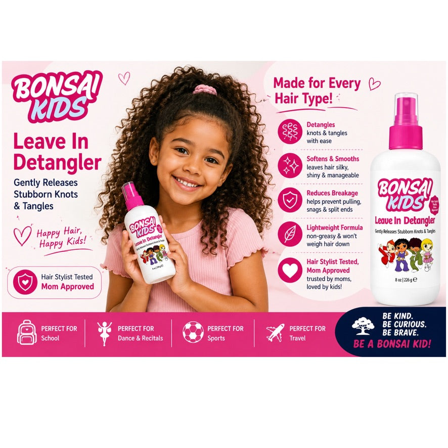 Bonsai Kids Leave In Detangler hair spray bottle held by a smiling young girl with curly hair, set against a pink promotional graphic with product features and usage benefits.