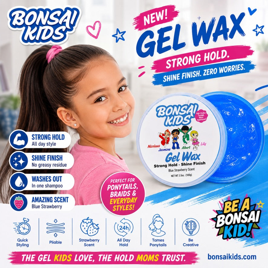 Bonsai Kids Blue Strawberry Gel Wax promotional graphic featuring a young girl smiling next to a round jar of gel wax and a clear gel swatch. The ad includes multiple text callouts, icons for product features like strong hold and washable scent, and branding for Bonsai Kids.