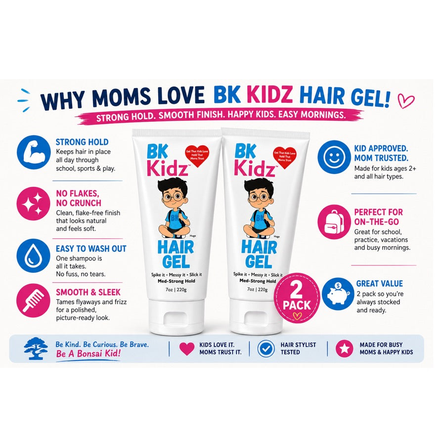 A promotional graphic for BK Kidz Hair Gel showing two squeeze tubes of hair gel on a white background with colorful marketing text and icons. The tubes are white with blue branding and cartoon characters.