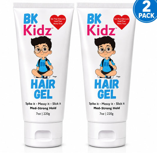 Two white squeeze tubes of BK Kidz Hair Gel shown side by side on a white background, with a blue circular '2 PACK' badge in the top right corner. The tubes feature a cartoon boy wearing a blue cap and the text 'BK Kidz HAIR GEL' in blue and pink.
