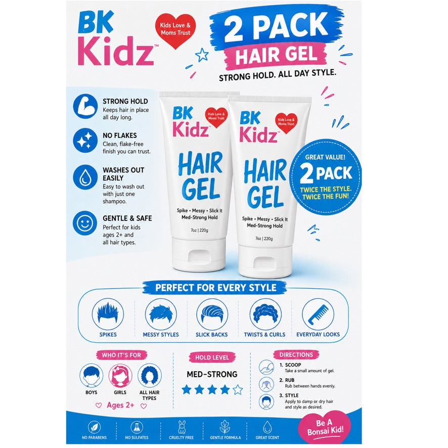 A promotional graphic for a BK Kidz 2-pack of hair gel, showing two squeeze tubes of the product with descriptive text, icons, and usage tips on a white background.