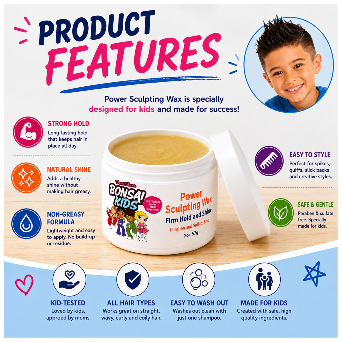 A promotional product graphic for Bonsai Kids Power Sculpting Wax. The image features a child's smiling face in a circular photo, a jar of the wax, and multiple feature callouts with icons on a light gray background.