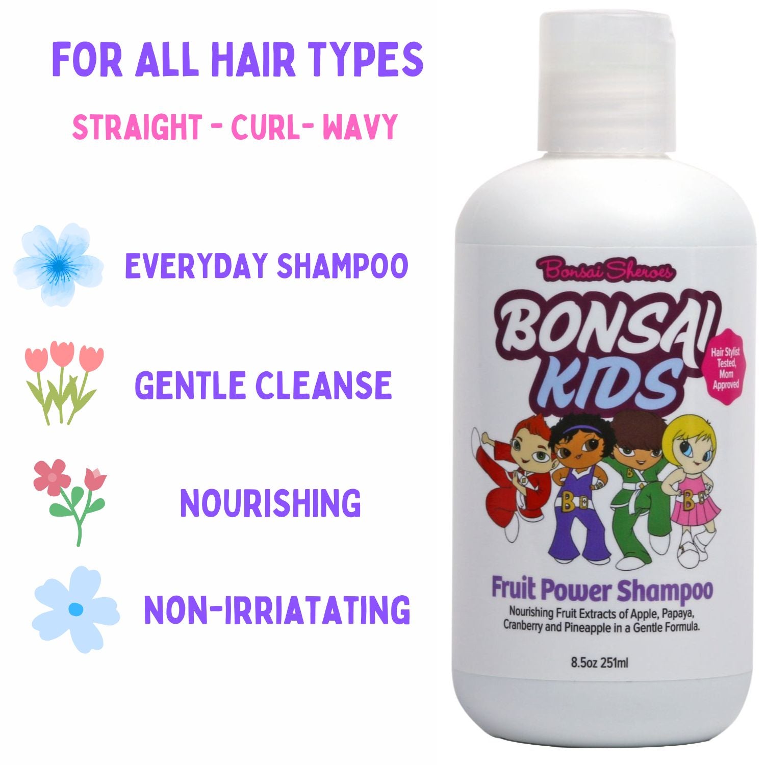 Bottle of Bonsai Kids Fruit Power Shampoo with cartoon characters and text on a white background.