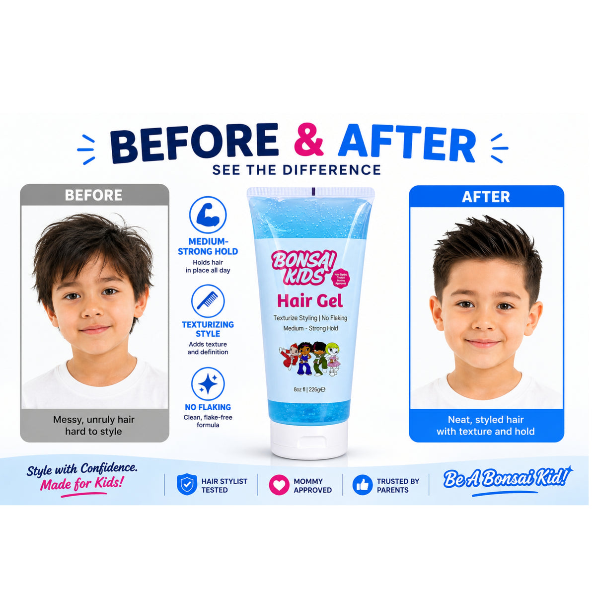 A promotional before-and-after hair styling product graphic showing a child's styled hair in 'Before' and 'After' panels, with a tube of Bonsa Kids Hair Gel in the center on a white background.