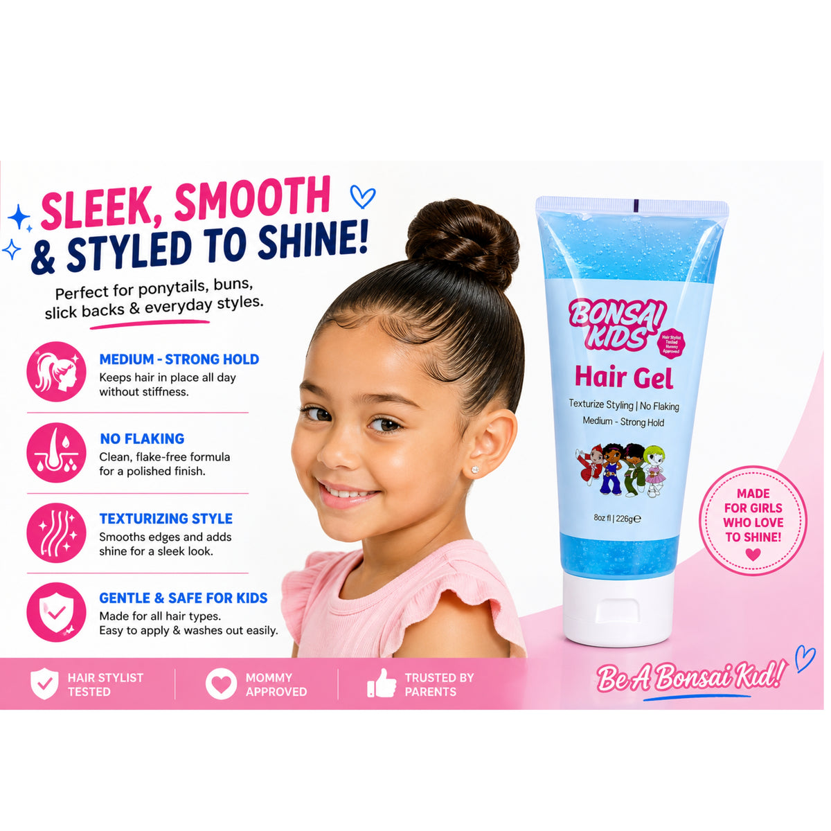 A promotional product image for Bonsai Kids Hair Gel featuring a tube of light blue hair gel on the right and marketing text and icons on the left. A smiling girl with a bun hairstyle is shown in the center, wearing a pink top.