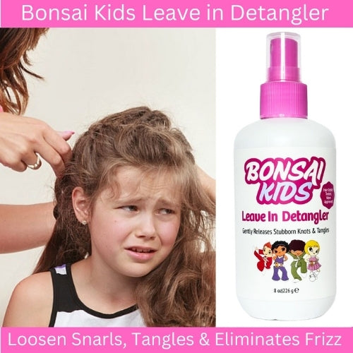 Bonsai Kids Leave in Detangler bottle with a child and adult interacting with hair, on a light pink background.