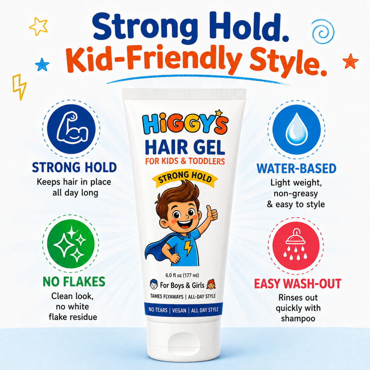 A tube of Higgys Hair Gel for kids and toddlers centered on a light blue background with marketing callouts. The product tube is white with blue, yellow, and red branding and a cartoon boy graphic. Strong Hold -kids-friendly style
