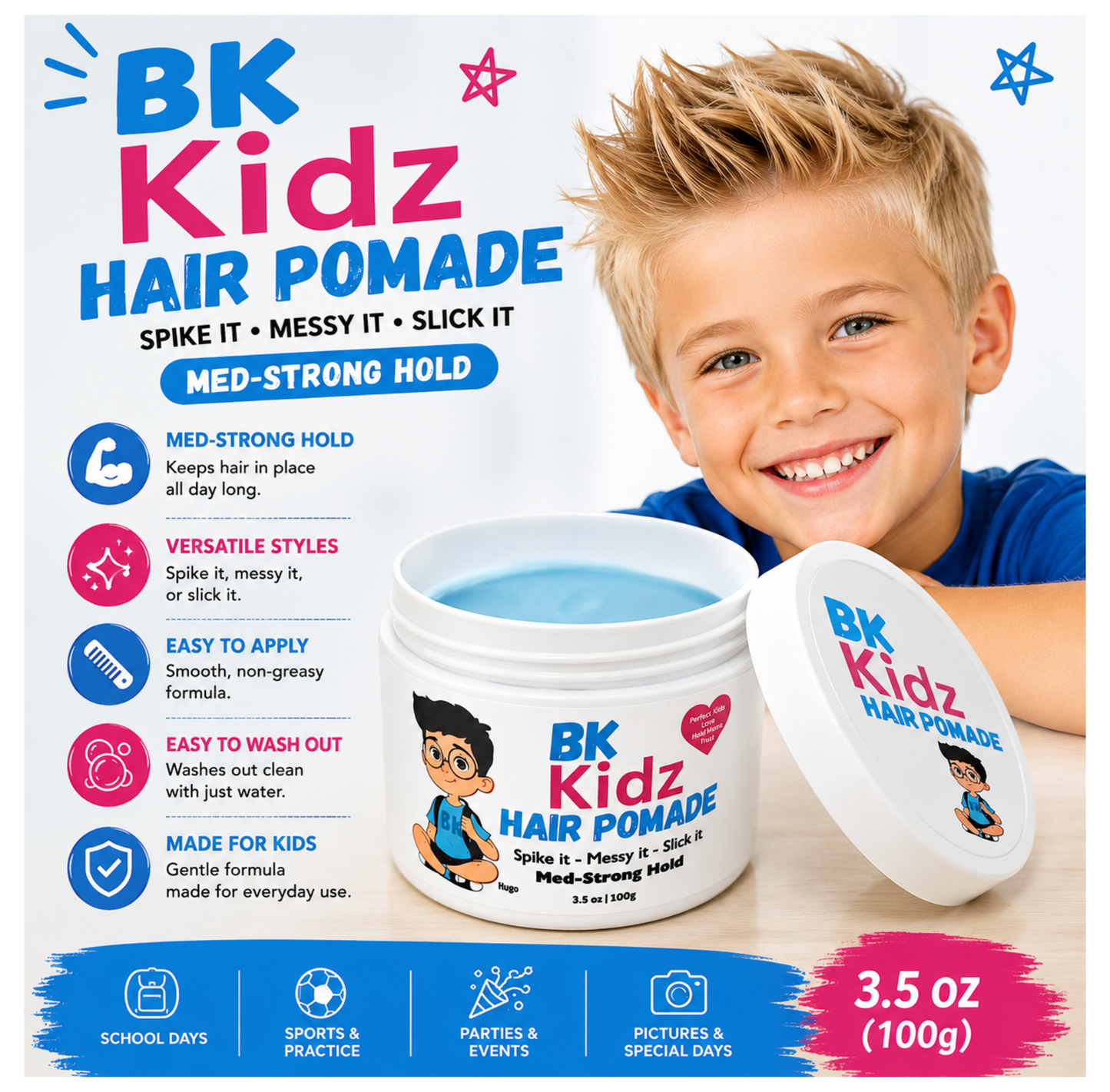 smiling boy with bk kidz pomade 3.5oz