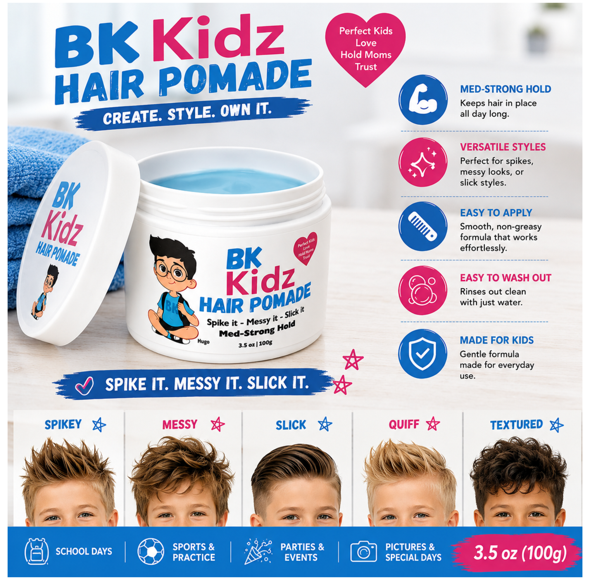 BK Kidz Hair Pomade product packaging and promotional graphic on a white background, showing the open tub, lid, cartoon mascot, feature callouts, and five hair style examples labeled Spiky, Messy, Slick, Quiff, and Textured.