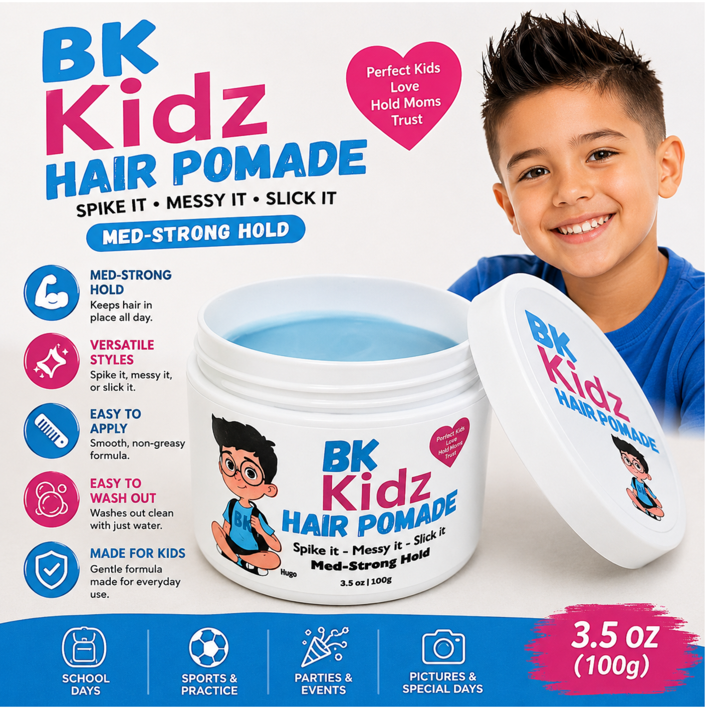 A jar of BK Kidz Hair Pomade shown on a white background with a smiling boy in a blue shirt on the right side. The packaging features bright blue and pink text, product benefits on the left, and a 3.