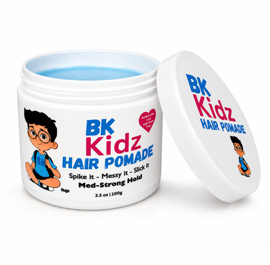 A white plastic jar of BK Kidz Hair Pomade with its lid leaning against it on a white background. The jar contains light blue pomade and features a cartoon boy illustration and the text 'BK Kidz HAIR POMADE' in blue and red.