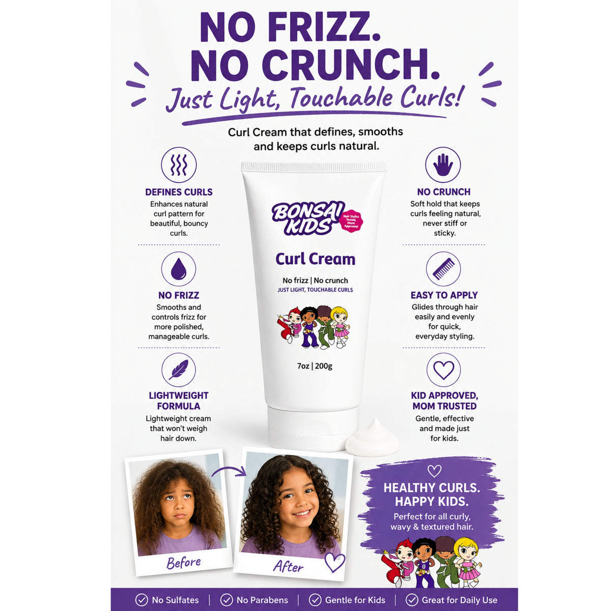 An infographic-style product page for Bonsai! Curl Cream, showing a white tube centered on a light gray background with purple text and icons. The page includes claims like 'No Frizz.