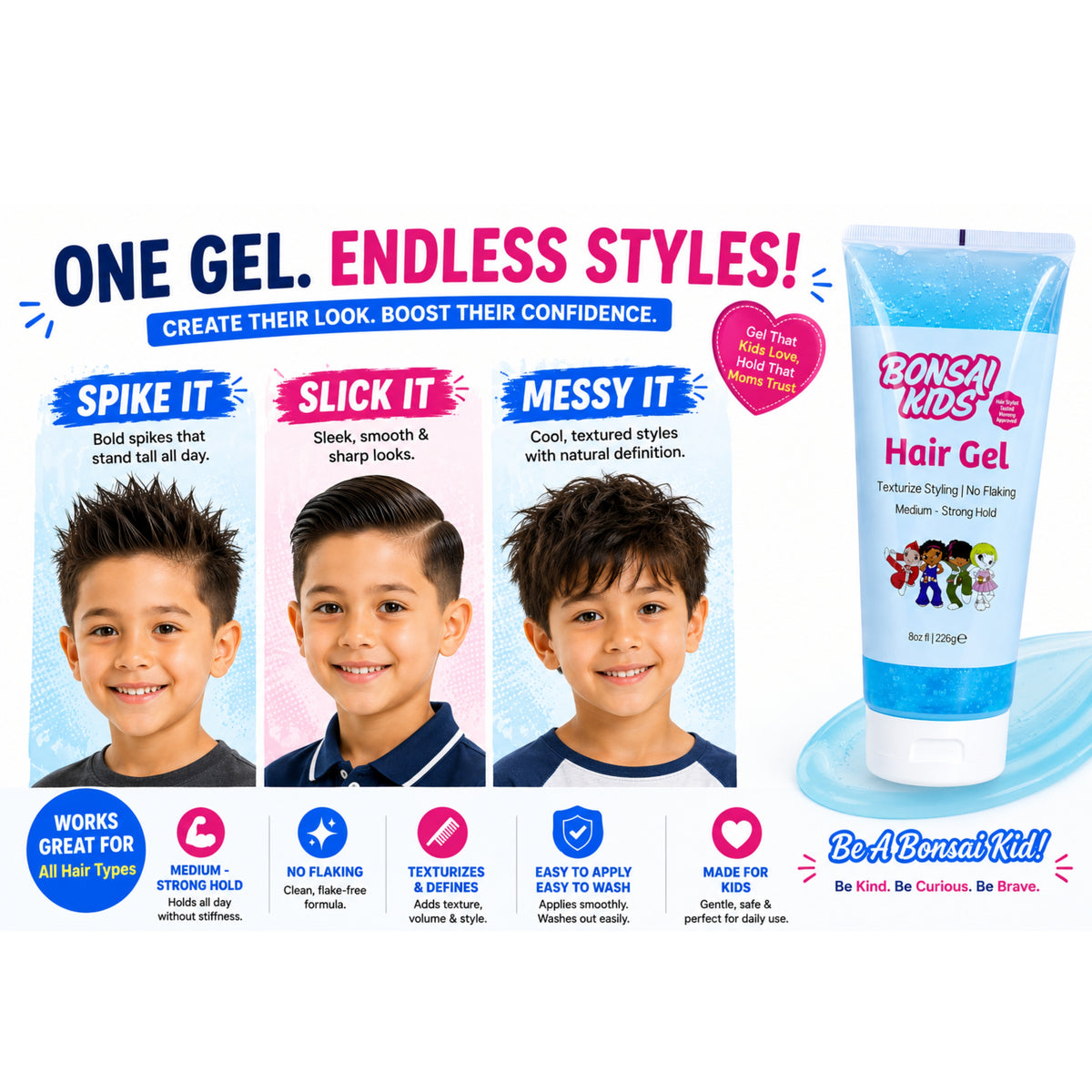 A promotional product graphic for Bonsei Kids Hair Gel. The image features a large squeeze tube of light blue hair gel on the right, alongside three before-and-after style photos of boys showing different styled hair outcomes (spike, slick, messy styles).