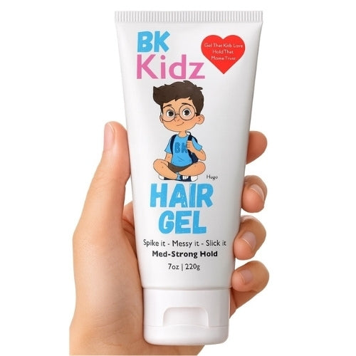 Hand holding a tube of BK Kidz Hair Gel with cartoon character on a white background
