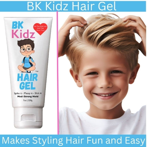 BK Kidz Hair Gel tube with a child styling their hair on a white background