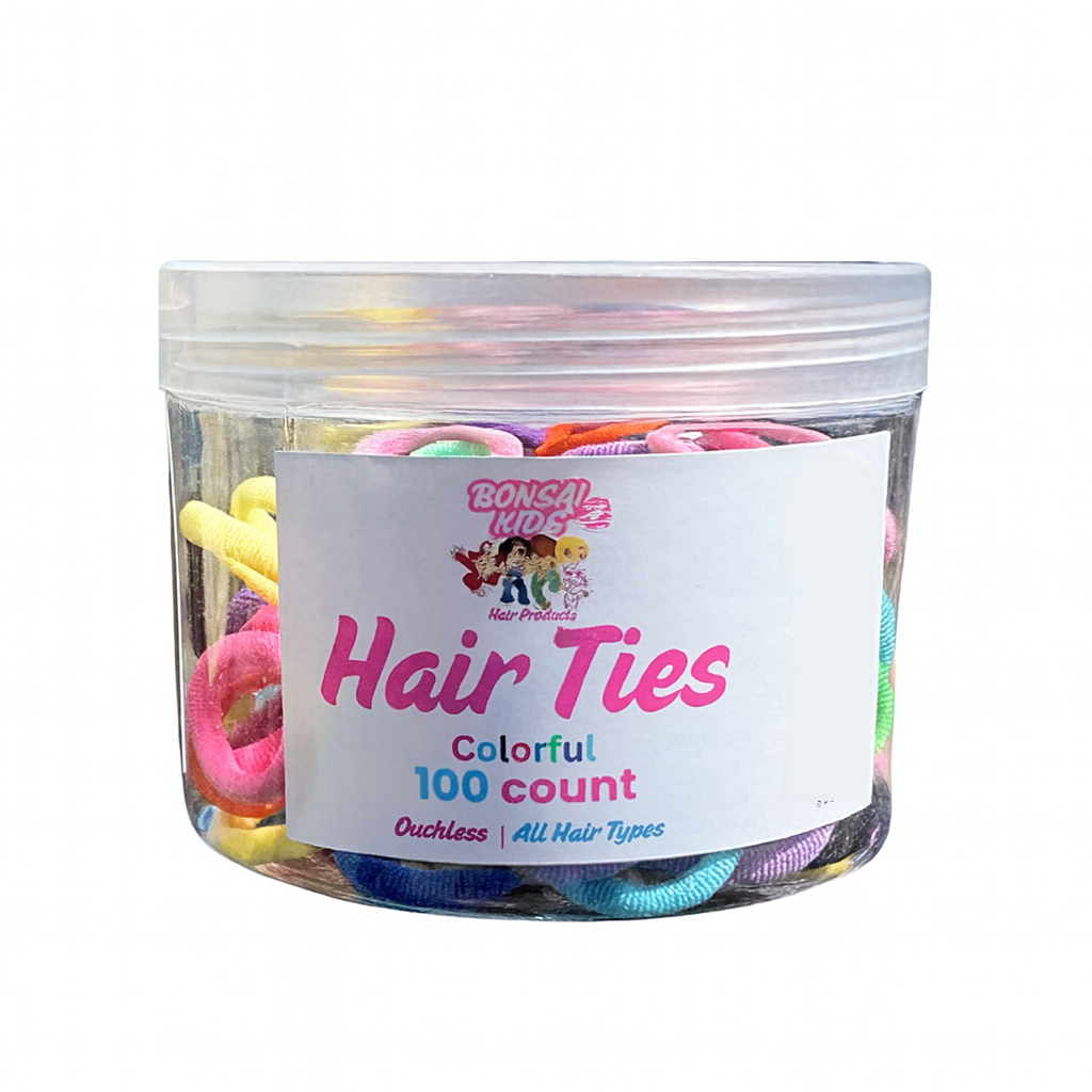 Jar of colorful hair ties with a label on a white background