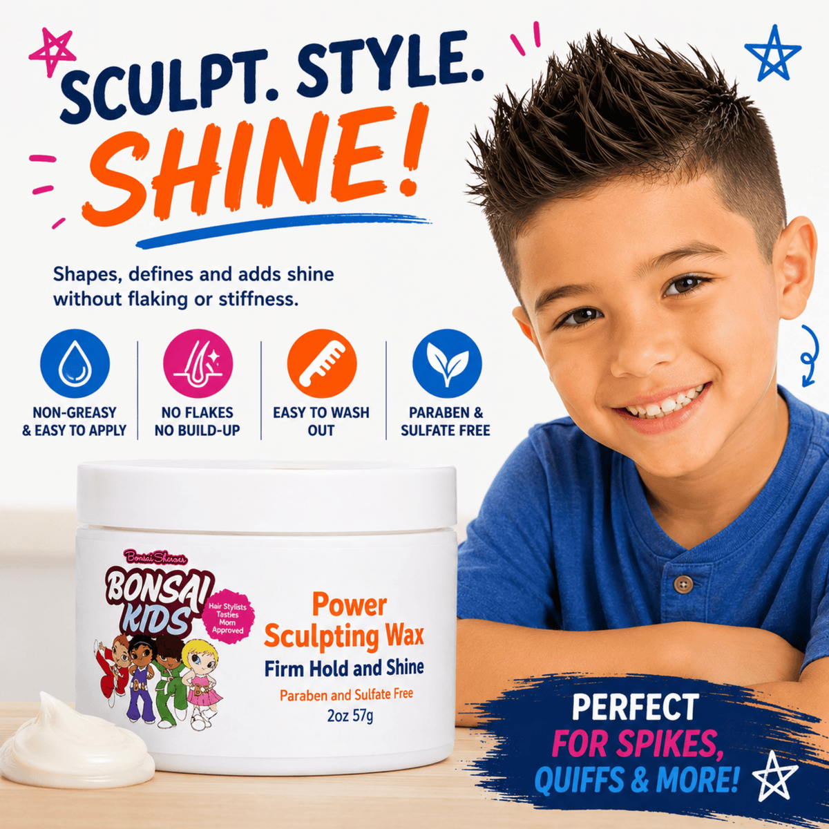 A smiling boy in a blue shirt sits beside a tub of Bonsai Kids Power Sculpting Wax on a white background with colorful promotional text and icons.