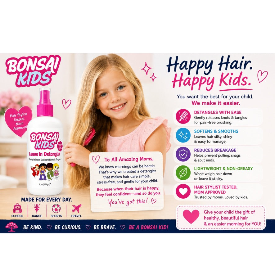A promotional graphic for BONSAI KIDS hair detangler, featuring a young girl holding the white bottle with a pink cap, alongside product benefits and text on a light gray background.