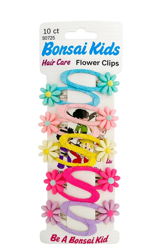 Bonsai Kids hair care flower clips packaging with colorful clips on a white background