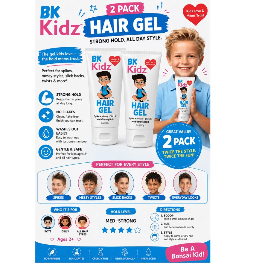 A promotional graphic for BK Kidz Hair Gel showing two white tubes of hair gel on a white background, alongside a smiling boy in a blue shirt. The design includes product benefits, usage icons, style suggestions, and a '2 PACK' label.
