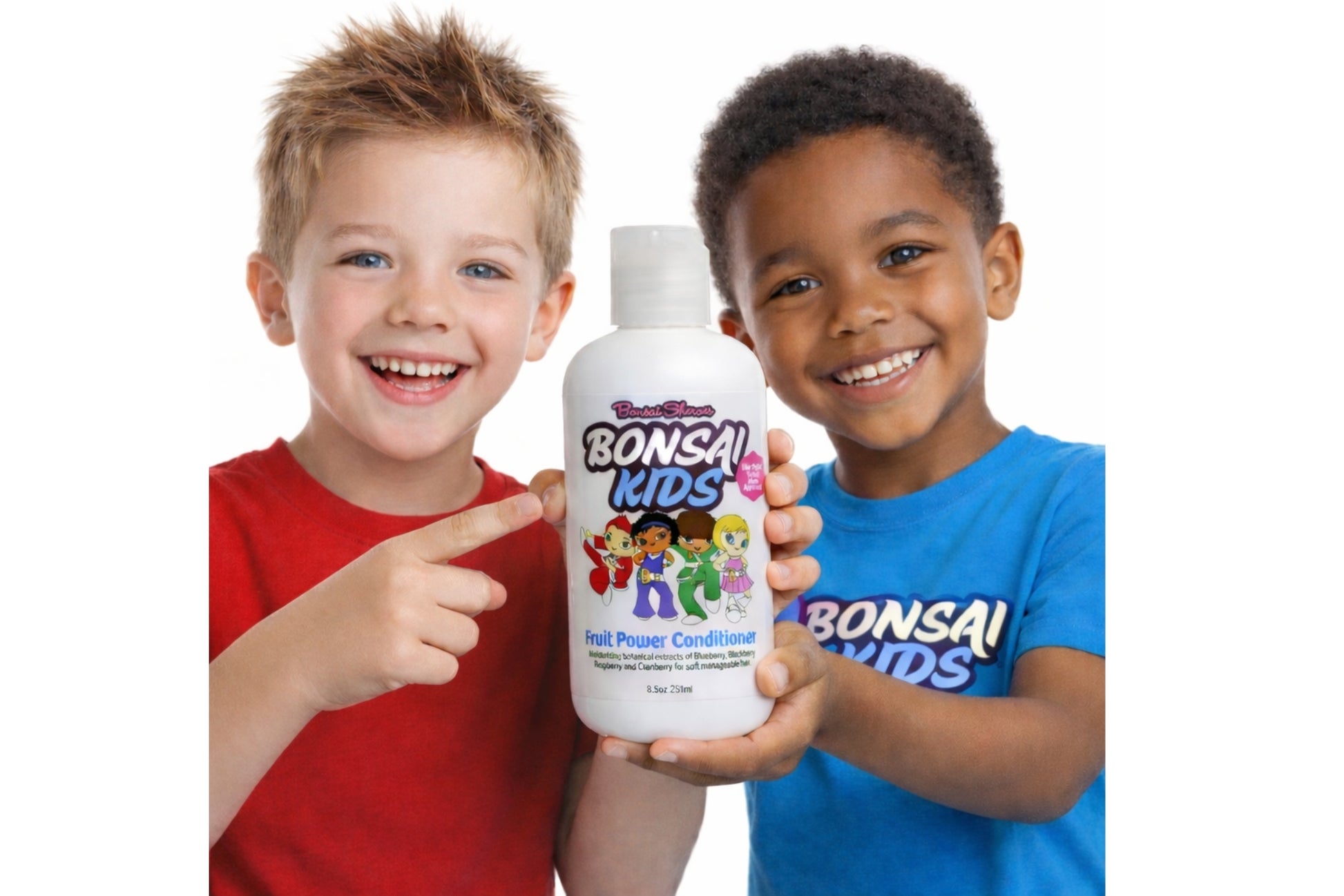 Two children holding a bottle of Bonsai Kids hair product on a white background