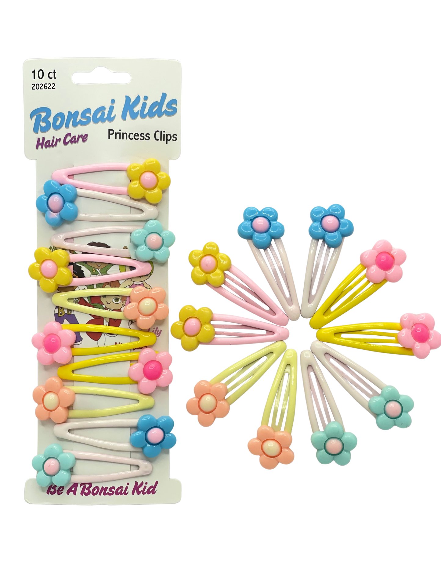 Buy Bonsai Kids Princess Clips 10ct with Flowers - Add a touch of color with pink, green, yellow, orange, and blue flower clips. Ideal for all hairstyles—ponytails, curls, straight hair, updos, and buns. Comfortable, secure hold, perfect for everyday use. Unisex and suitable for all hair types.