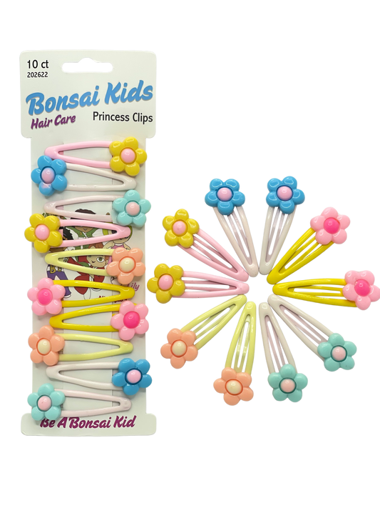Buy Bonsai Kids Princess Clips 10ct with Flowers - Add a touch of color with pink, green, yellow, orange, and blue flower clips. Ideal for all hairstyles—ponytails, curls, straight hair, updos, and buns. Comfortable, secure hold, perfect for everyday use. Unisex and suitable for all hair types.