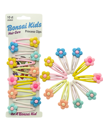 Buy Bonsai Kids Princess Clips 10ct with Flowers - Add a touch of color with pink, green, yellow, orange, and blue flower clips. Ideal for all hairstyles—ponytails, curls, straight hair, updos, and buns. Comfortable, secure hold, perfect for everyday use. Unisex and suitable for all hair types.