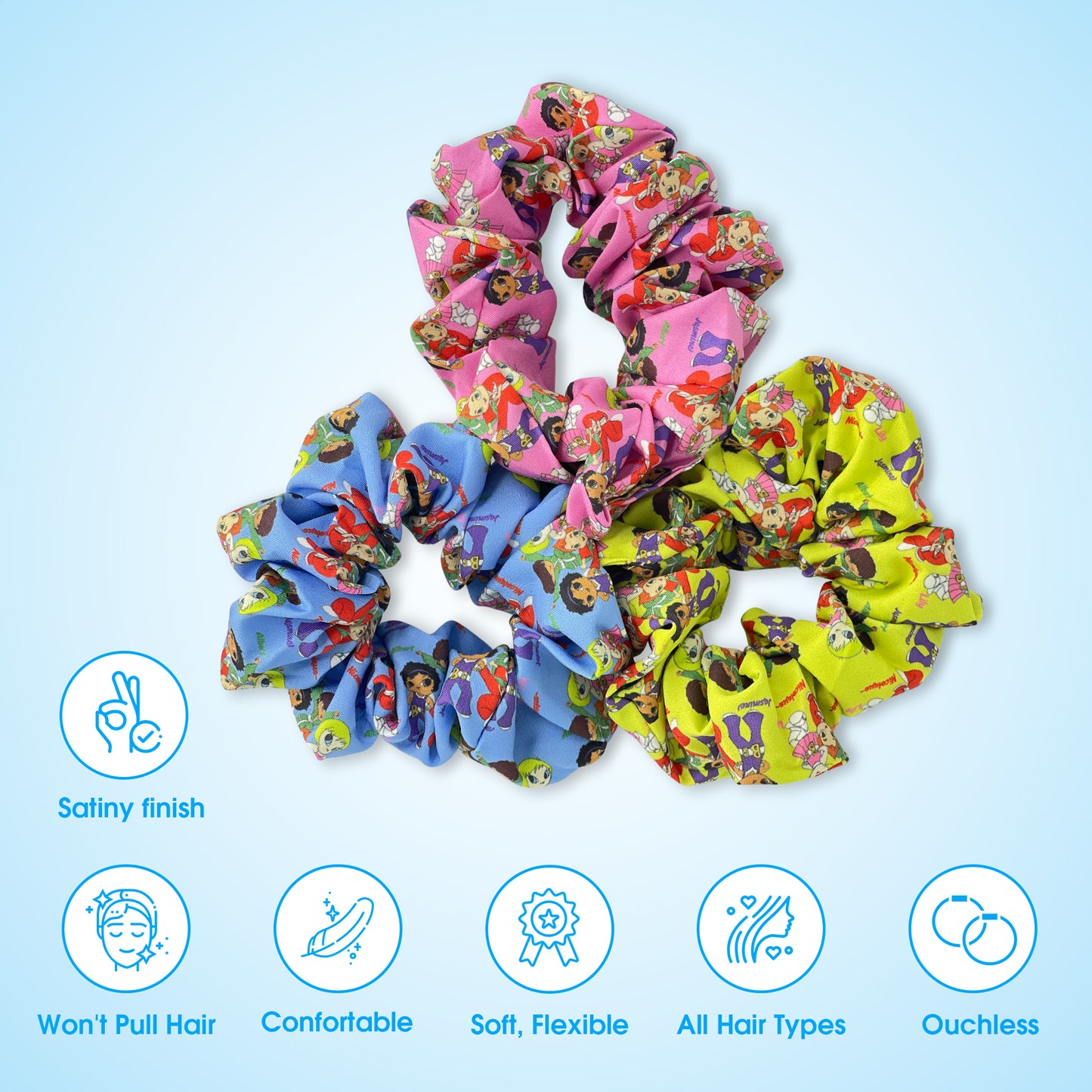 Scrunchies for all hair types and styles, ideal for straight or curly hair, ponytails, buns, updos, and cute pigtails. Use one or all three for a unique look.